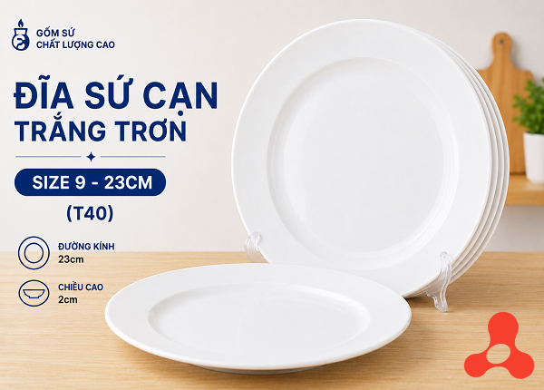 ĐĨA SỨ CẠN TRẮNG TRƠN SIZE 9 - 23CM (T40)