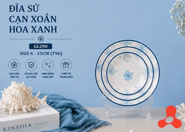 ĐĨA SỨ CẠN XOẮN HOA XANH GL290 SIZE 6 - 15CM (T96)