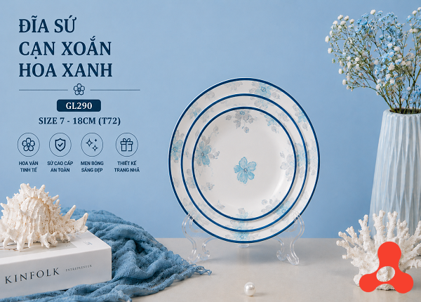 ĐĨA SỨ CẠN XOẮN HOA XANH GL290 SIZE 7 - 18CM (T72)