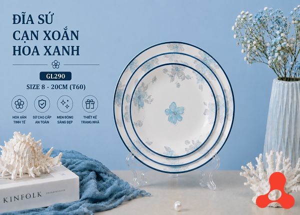 ĐĨA SỨ CẠN XOẮN HOA XANH GL290 SIZE 8 - 20CM (T60)