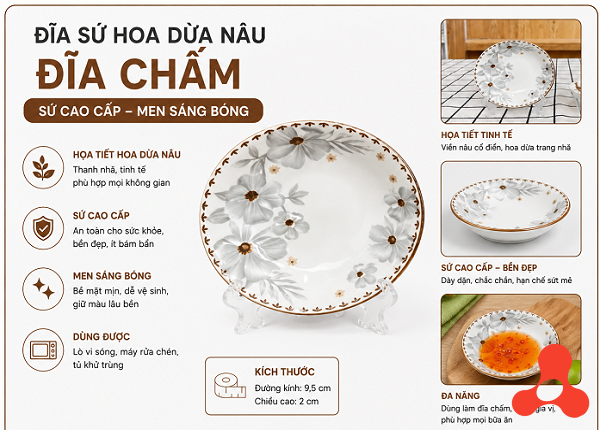 ĐĨA SỨ HOA DỪA NÂU ĐĨA CHẤM (T300)