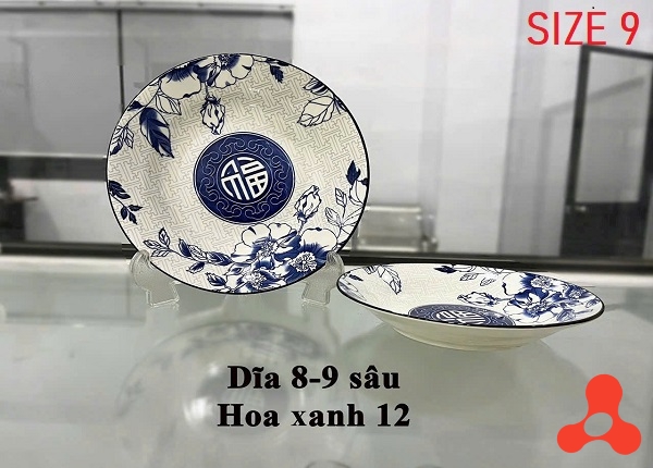 ĐĨA SỨ SÂU HOA XANH CHỮ PHÚC 22CM