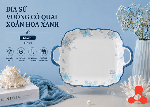 ĐĨA SỨ VUÔNG CÓ QUAI XOẮN HOA XANH GL290 (T40)