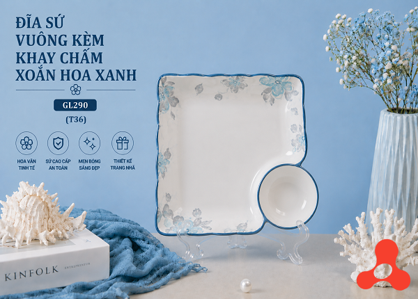 ĐĨA SỨ VUÔNG KÈM KHAY CHẤM XOẮN HOA XANH GL290 (T36)