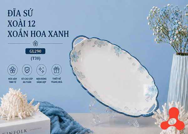 ĐĨA SỨ XOÀI 12 XOẮN HOA XANH GL290 (T30)