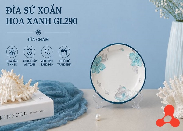 ĐĨA SỨ XOẮN HOA XANH GL290 ĐĨA CHẤM (T300)