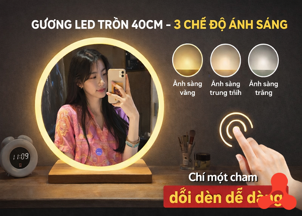 GƯƠNG TRANG ĐIỂM ĐỂ BÀN 3 CHẾ ĐỘ LED 40CM