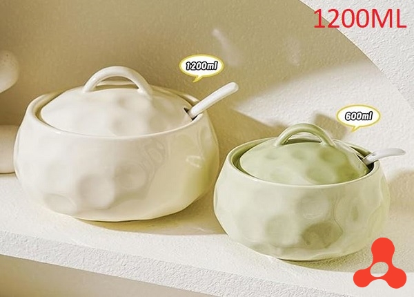 HỦ GỐM SÀNH SỨ CÓ NẮP KÈM MUỖNG 1200ML