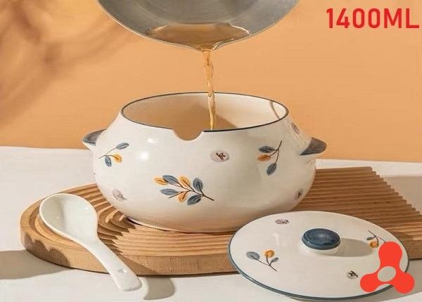HỦ GỐM SÀNH SỨ CÓ NẮP KÈM MUỖNG 1400ML