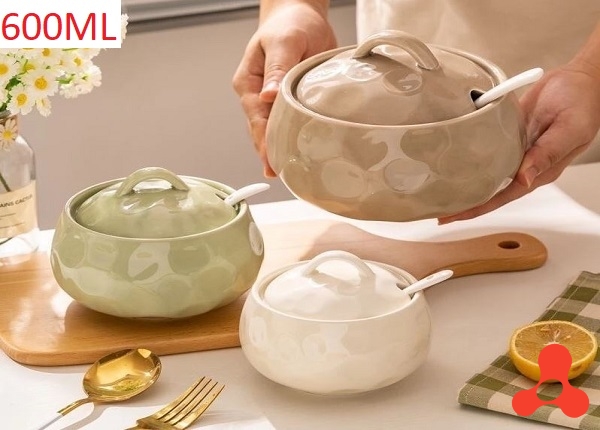 HỦ GỐM SÀNH SỨ CÓ NẮP KÈM MUỖNG 600ML