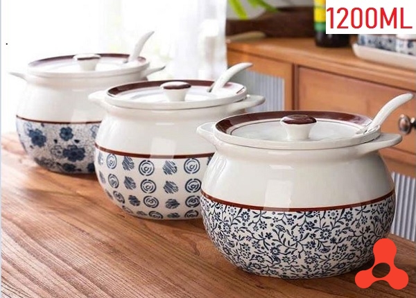 HỦ SỨ ĐỰNG MỠ BẦU HÌNH HOA KÈM MUỖNG 1200ML