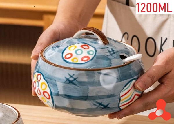 HỦ SỨ ĐỰNG MỠ HOẠ TIẾT CARO KÈM THÌA 1200ML