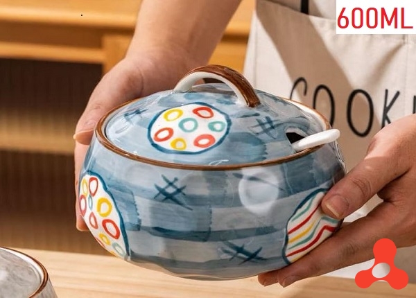 HỦ SỨ ĐỰNG MỠ HOẠ TIẾT CARO KÈM THÌA 600ML