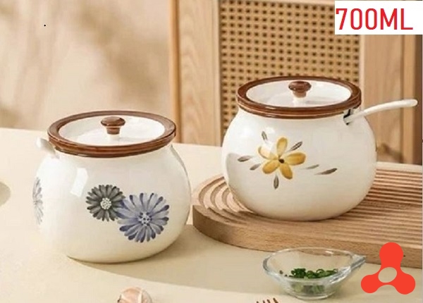 HỦ SỨ ĐỰNG MỠ NẮP LỚN HÌNH HOA KÈM MUỖNG 700ML
