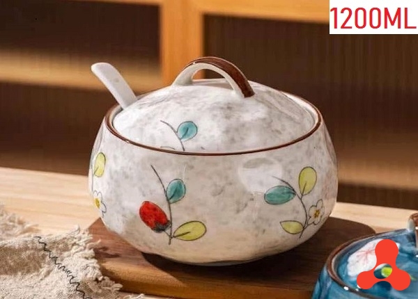HỦ SỨ TRẮNG ĐỰNG MỠ HÌNH HOA KÈM THÌA 1200ML