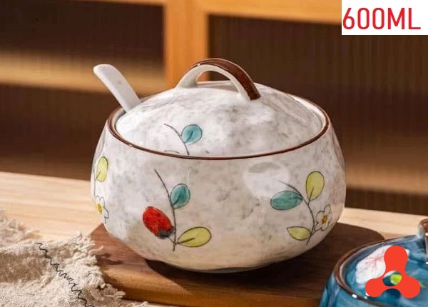 HỦ SỨ TRẮNG ĐỰNG MỠ HÌNH HOA KÈM THÌA 600ML