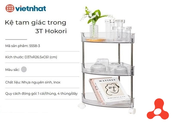 KỆ TAM GIÁC TRONG SUỐT 3 TẦNG HOKORI 5558 CÓ BÁNH XE