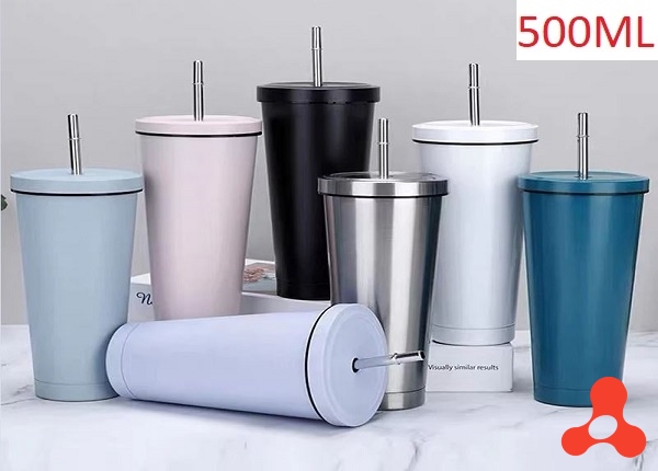 LY GIỮ NHIỆT INOX 500ML NHIỀU MÀU IN LOGO KÈM ỐNG HÚT