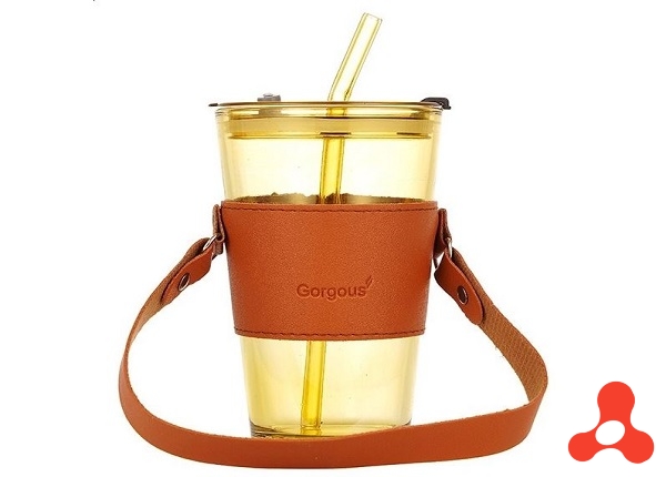 LY THỦY TINH BỌC DA 450ML KÈM ỐNG HÚT CÓ QUAI XÁCH (T58)