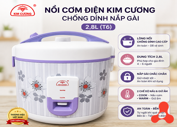 NỒI CƠM ĐIỆN KIM CƯƠNG CHỐNG DÍNH NẮP GÀI 2,8L (T6)