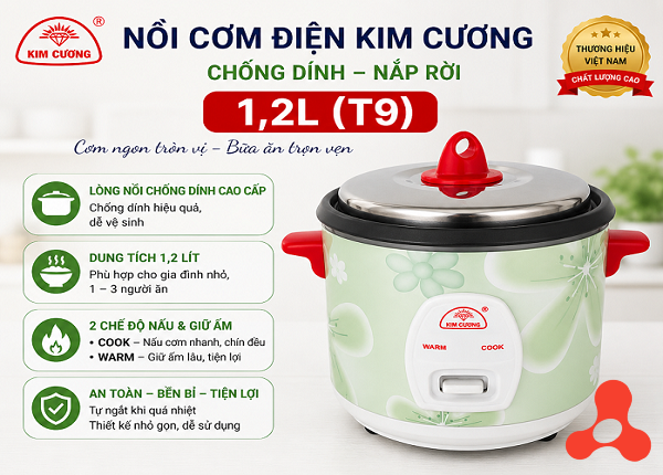 NỒI CƠM ĐIỆN KIM CƯƠNG CHỐNG DÍNH NẮP RỜI 1,2L (T9)