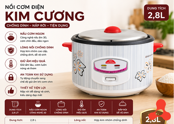 NỒI CƠM ĐIỆN KIM CƯƠNG CHỐNG DÍNH NẮP RỜI 2,8L (T4)