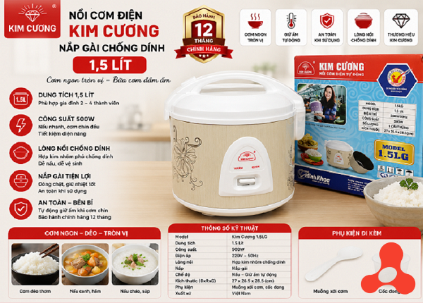 NỒI CƠM ĐIỆN KIM CƯƠNG NẮP GÀI CHỐNG DÍNH 1,5 Lít (T6)