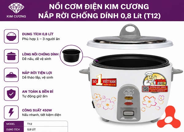 NỒI CƠM ĐIỆN KIM CƯƠNG NẮP RỜI CHỐNG DÍNH 0,8 Lít (T12)