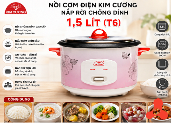 NỒI CƠM ĐIỆN KIM CƯƠNG NẮP RỜI CHỐNG DÍNH 1,5 Lít (T6)