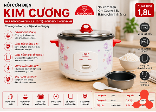 NỒI CƠM ĐIỆN KIM CƯƠNG NẮP RỜI CHỐNG DÍNH 1,8 Lít (T6)