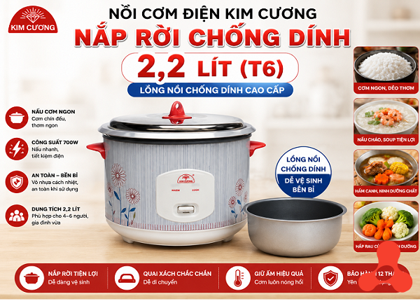 NỒI CƠM ĐIỆN KIM CƯƠNG NẮP RỜI CHỐNG DÍNH 2,2L (T6)
