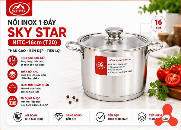 NỒI INOX 1 ĐÁY THÂN CAO SKY STAR NITC-16cm (T20)
