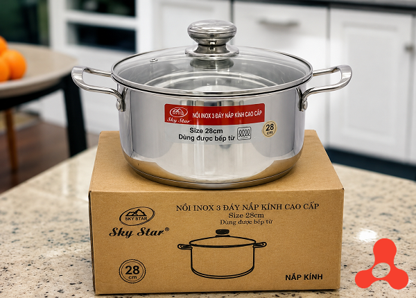 NỒI INOX 3 ĐÁY NẮP KÍNH CAO CẤP 28cm SKY STAR