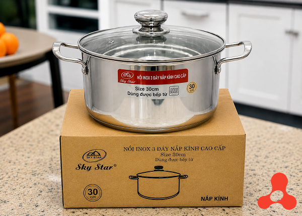 NỒI INOX 3 ĐÁY NẮP KÍNH CAO CẤP 30cm SKY STAR