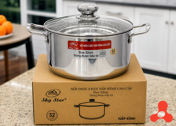 NỒI INOX 3 ĐÁY NẮP KÍNH CAO CẤP 32cm SKY STAR