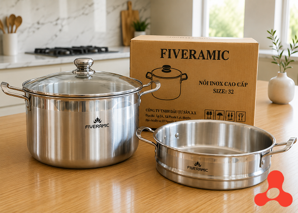 NỒI INOX CAO CẤP NẮP KÍNH KÈM XỬNG HẤP FIVERAMIC 32cm