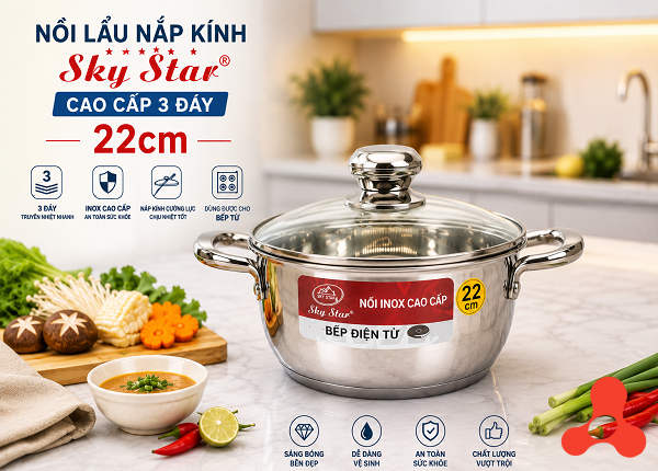 NỒI LẨU NẮP KÍNH 22cm CAO CẤP 3 ĐÁY SKY STAR