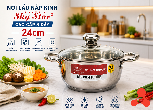 NỒI LẨU NẮP KÍNH 24cm CAO CẤP 3 ĐÁY SKY STAR
