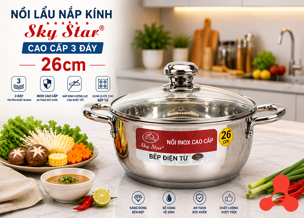 NỒI LẨU NẮP KÍNH 26cm CAO CẤP 3 ĐÁY SKY STAR