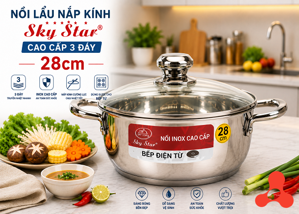 NỒI LẨU NẮP KÍNH 28cm CAO CẤP 3 ĐÁY SKY STAR
