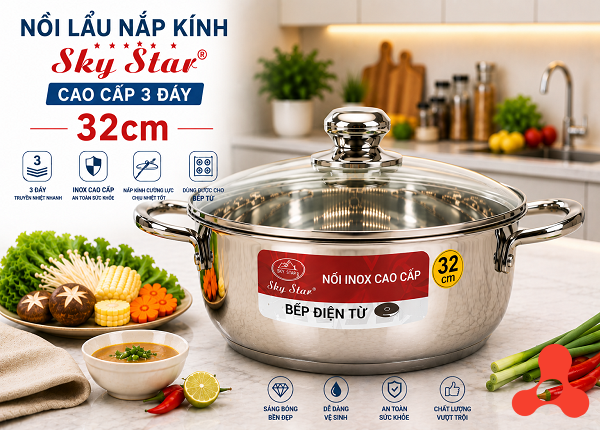 NỒI LẨU NẮP KÍNH 32cm CAO CẤP 3 ĐÁY SKY STAR