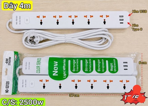 Ổ CẮM ĐIỆN NĐ-5312U DÂY DÀI 4M – 2500W (T50)