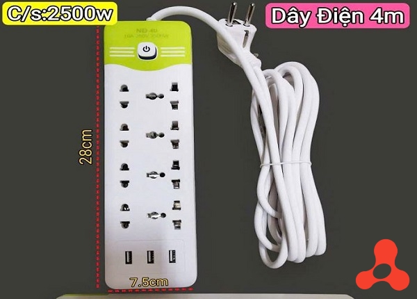 Ổ CẮM ĐIỆN XANH LÁ NĐ 4U DÂY DÀI 4M