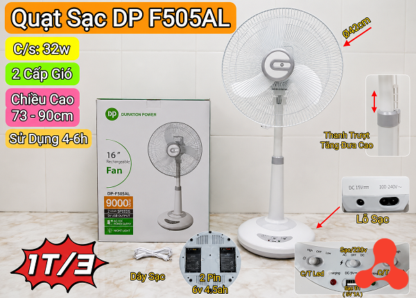 QUẠT SẠC TÍCH ĐIỆN DP F505AL – 16 INCH, 2 PIN (T3)