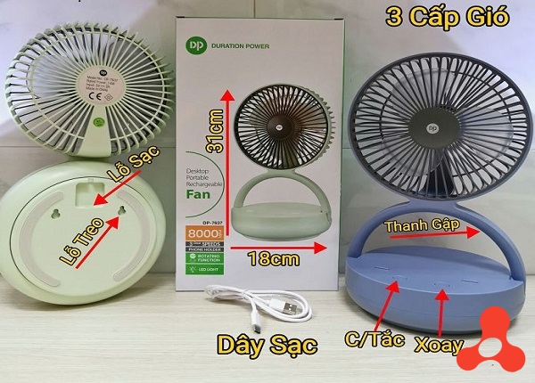 QUẠT SẠC TÍCH ĐIỆN GẤP GỌN XOAY CÓ ĐÈN LED DP-7637