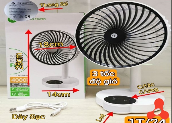 QUẠT SẠC TÍCH ĐIỆN KIÊM ĐÈN LED DP-7626