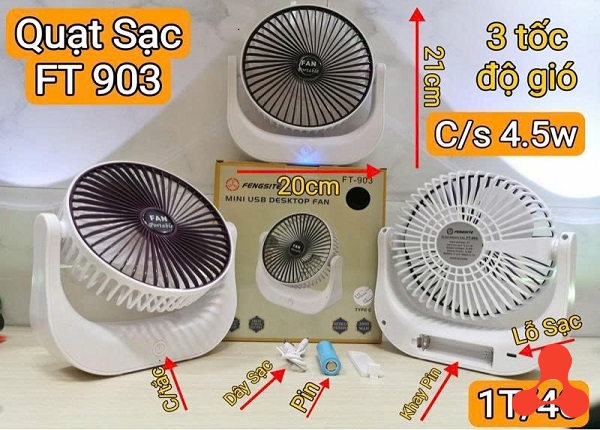 QUẠT SẠC TÍCH ĐIỆN XOAY 120 ĐỘ KY 903