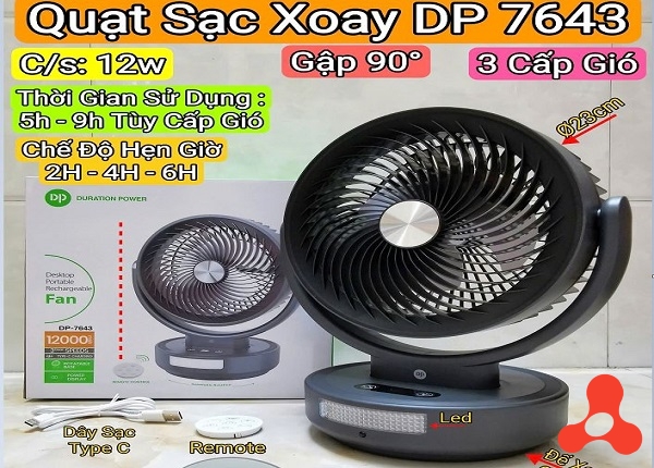 QUẠT TÍCH ĐIỆN XOAY 3 CẤP ĐỘ GIÓ REMOTE DP 7643