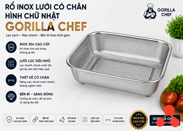 RỔ INOX LƯỚI CÓ CHÂN HÌNH CHỮ NHẬT GORILLA CHEF (T120)