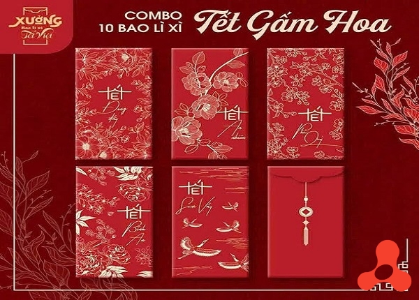 SET 10 BAO LÌ XÌ TẾT GẤM HOA QUỐC DÂN